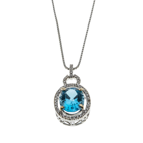 Ocean View - Vintage 18K White Gold Natural Blue Topaz & Diamond Pendant & 14K White Gold Chain (VP239)
