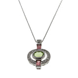 Art Deco Revival - Vintage 14K White Gold Natural Peridot, Pink Tourmaline & Diamond Pendant (VP240)