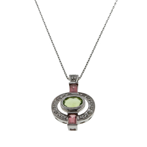 Art Deco Revival - Vintage 14K White Gold Natural Peridot, Pink Tourmaline & Diamond Pendant (VP240)