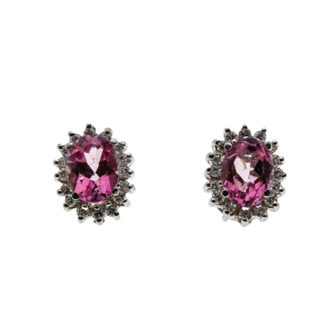 Pretty In Pink - Vintage 14K White & Yellow Gold Natural Pink Topaz & Diamond Cluster Stud Earrings (VE433)