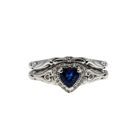 Blue Velvet - Vintage Edwardian Revival 14K White Gold Natural Blue Sapphire & Diamond 'Heart & Scrolls' Wedding Ring Set (VR1001)