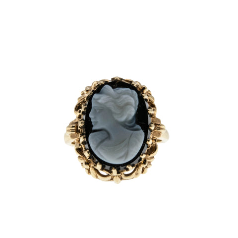 Portrait Of A Lady - Vintage 10K Gold Natural Black Sardonyx Agate Carved Cameo Ring (VR1004)