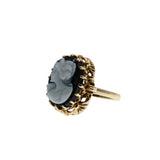 Portrait Of A Lady - Vintage 10K Gold Natural Black Sardonyx Agate Carved Cameo Ring (VR1004)