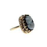 Portrait Of A Lady - Vintage 10K Gold Natural Black Sardonyx Agate Carved Cameo Ring (VR1004)