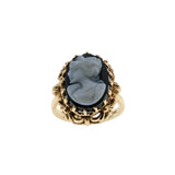 Portrait Of A Lady - Vintage 10K Gold Natural Black Sardonyx Agate Carved Cameo Ring (VR1004)