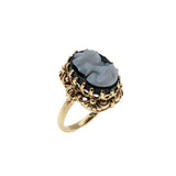 Portrait Of A Lady - Vintage 10K Gold Natural Black Sardonyx Agate Carved Cameo Ring (VR1004)