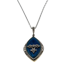 Belle Époque - Victorian 18K Gold Natural Rose Cut Diamond French Blue Enamel Pendant & 10K White Gold Chain (VICP121)