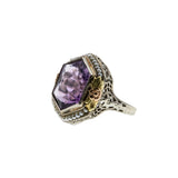 Lavender By The Sea - Art Deco 14K White, Yellow & Rose Gold Natural Amethyst & Pearl 'Forget-Me-Knot' Filigree Ring  (ADR278)