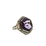 Lavender By The Sea - Art Deco 14K White, Yellow & Rose Gold Natural Amethyst & Pearl 'Forget-Me-Knot' Filigree Ring  (ADR278)