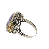 Lavender By The Sea - Art Deco 14K White, Yellow & Rose Gold Natural Amethyst & Pearl 'Forget-Me-Knot' Filigree Ring  (ADR278)