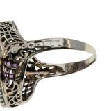 Lavender By The Sea - Art Deco 14K White, Yellow & Rose Gold Natural Amethyst & Pearl 'Forget-Me-Knot' Filigree Ring  (ADR278)