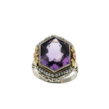 Lavender By The Sea - Art Deco 14K White, Yellow & Rose Gold Natural Amethyst & Pearl 'Forget-Me-Knot' Filigree Ring  (ADR278)