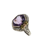 Lavender By The Sea - Art Deco 14K White, Yellow & Rose Gold Natural Amethyst & Pearl 'Forget-Me-Knot' Filigree Ring  (ADR278)