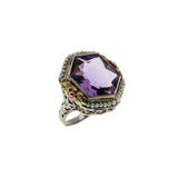 Lavender By The Sea - Art Deco 14K White, Yellow & Rose Gold Natural Amethyst & Pearl 'Forget-Me-Knot' Filigree Ring  (ADR278)