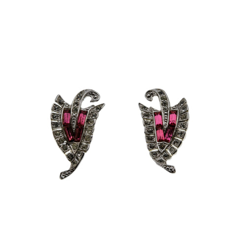 A Touch Of Pink - Vintage Signed 'JAY FLEX' Rhodium, Sterling Silver Austrian Swarovski Crystal Rhinestone Screw-Back Earrings (VE437)