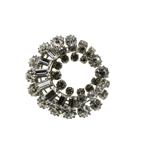 Sparkling Crescent Moon - Vintage Silver Tone Metal Crystal Rhinestone Brooch (VBR276)