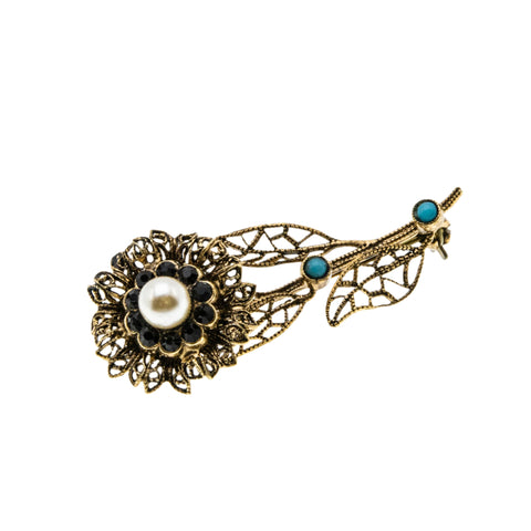 Delicate Flower - Vintage Gold Plated Jewelled Filigree Flower Brooch (VBR277)