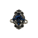 Victorian Revival - Vintage Silver Metal Sapphire Blue Crystal Rhinestone Ornate Ring (VR1009)