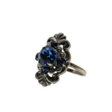 Victorian Revival - Vintage Silver Metal Sapphire Blue Crystal Rhinestone Ornate Ring (VR1009)