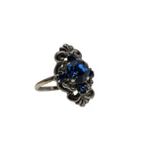 Victorian Revival - Vintage Silver Metal Sapphire Blue Crystal Rhinestone Ornate Ring (VR1009)