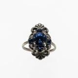 Victorian Revival - Vintage Silver Metal Sapphire Blue Crystal Rhinestone Ornate Ring (VR1009)