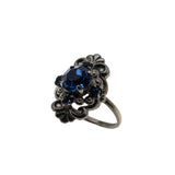 Victorian Revival - Vintage Silver Metal Sapphire Blue Crystal Rhinestone Ornate Ring (VR1009)