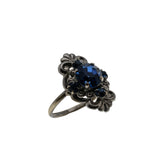 Victorian Revival - Vintage Silver Metal Sapphire Blue Crystal Rhinestone Ornate Ring (VR1009)