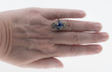 Victorian Revival - Vintage Silver Metal Sapphire Blue Crystal Rhinestone Ornate Ring (VR1009)