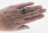 Victorian Revival - Vintage Silver Metal Sapphire Blue Crystal Rhinestone Ornate Ring (VR1009)