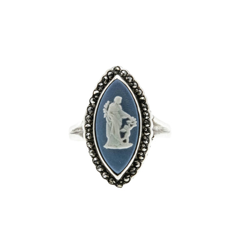 Neoclassical Portrait - Vintage English Sterling Silver Blue Wedgwood Cameo & Rose Cut Marcasite Marquise Ring (VR1010)