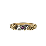 Turn Of The Century - Estate English 9K Gold Natural Ruby & Diamond Scroll Ring (ER376)