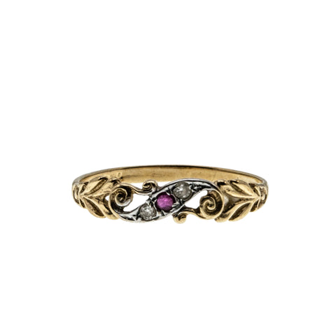 Turn Of The Century - Estate English 9K Gold Natural Ruby & Diamond Scroll Ring (ER376)