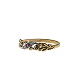 Turn Of The Century - Estate English 9K Gold Natural Ruby & Diamond Scroll Ring (ER376)