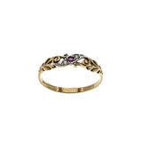 Turn Of The Century - Estate English 9K Gold Natural Ruby & Diamond Scroll Ring (ER376)