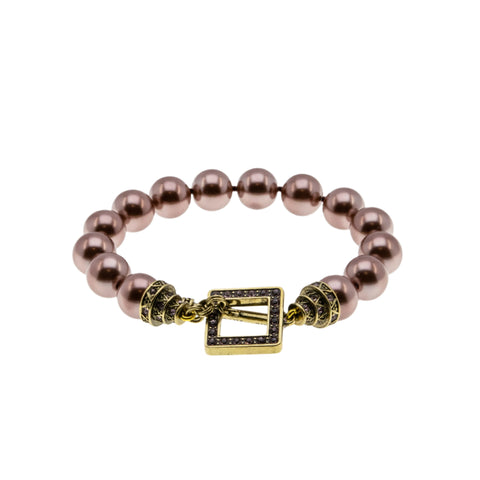 Tantalizing - Vintage Signed 'Heidi Daus' Bronzed Metal Pearl & Austrian Swarovski Crystal Rhinestone Toggle Bracelet (VB119)