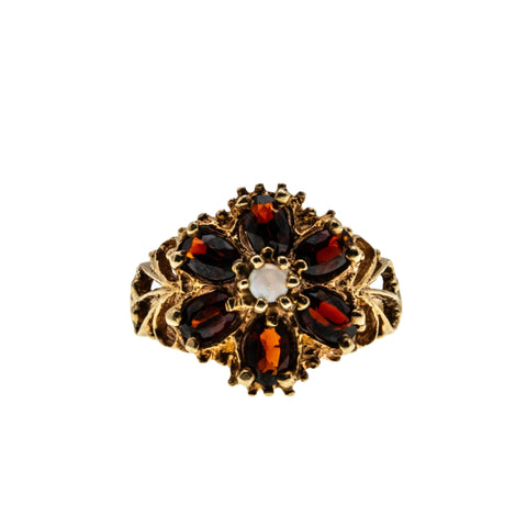 Jewelled Flower - Vintage 10K Gold Natural Garnet & Opal Flower Cluster Ring (VR1011)
