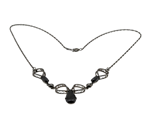 ECCO - Vintage Sterling Silver Natural Black Alaskan Diamond Filigree Necklace (VN217)