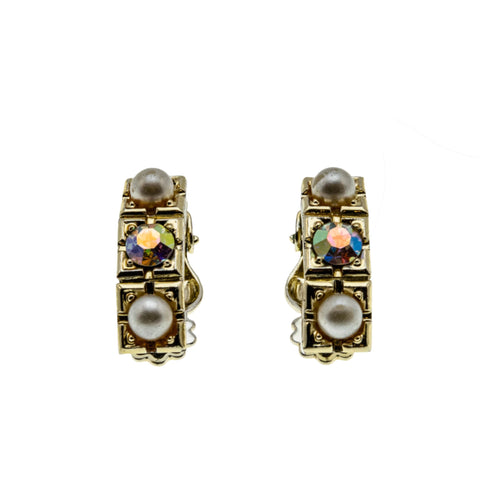 Elegant Bling - Vintage Gold Plated Austrian Swarovski Aurora Borealis Crystal Rhinestone & Pearl Clip-On Earrings (VE449)