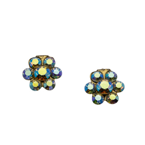Sparkling Flowers - Vintage Gold Plated Austrian Swarovski Aurora Borealis Crystal Rhinestone Clip-On Earrings (VE450)