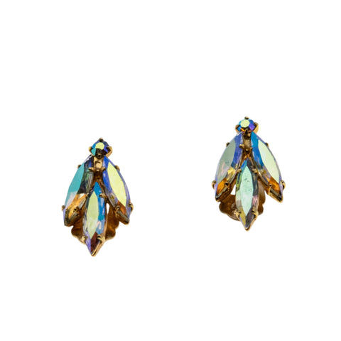 Dazzling Marquises - Vintage Gold Plated Austrian Swarovski Aurora Borealis Crystal Rhinestone Clip-On Earrings (VE452)