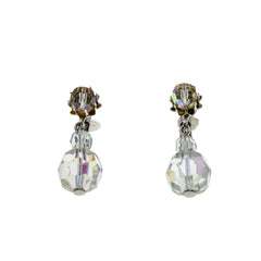 AB Sparklers - Vintage Signed 'Coro' Rhodium Plated Austrian Swarovski Aurora Borealis Crystal Clip-On Dangly Earrings (VE453)