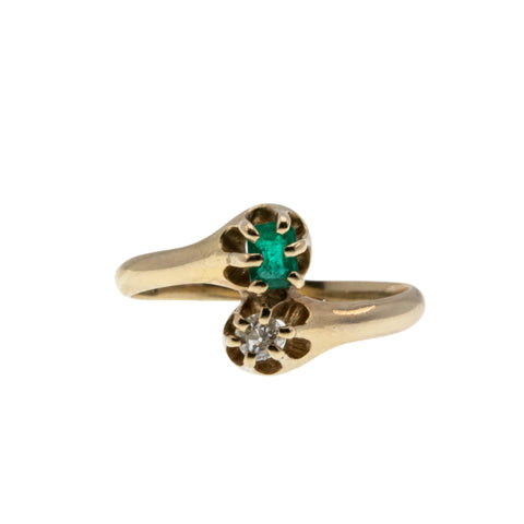 Toi Et Moi - Victorian Signed 'ASH BROS' 14K Gold Natural Old Mine Cut Diamond & Natural Emerald Bypass Ring (VICR177)