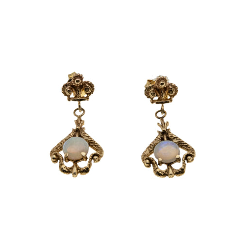 Opalescent Dream -  Vintage 14K Gold Natural Opal Ornate Crown Dangly Earrings (VE458)