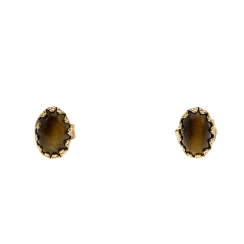 Eye Of The Tiger - Vintage 14K Gold Natural Tiger Eye Coronet  Stud Earrings ( VE460)