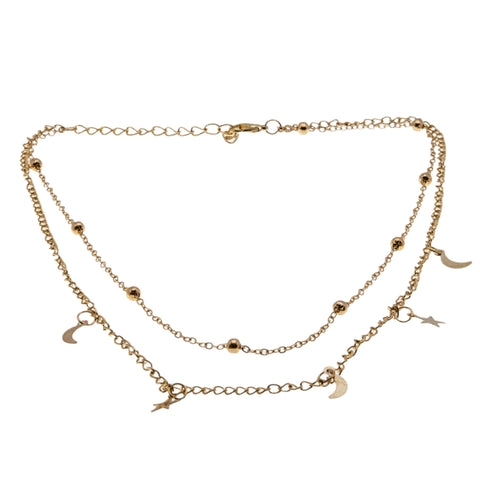 Night Sky - Estate Gold plated Moon & Star Double Chain Fashion Necklace (EN052)