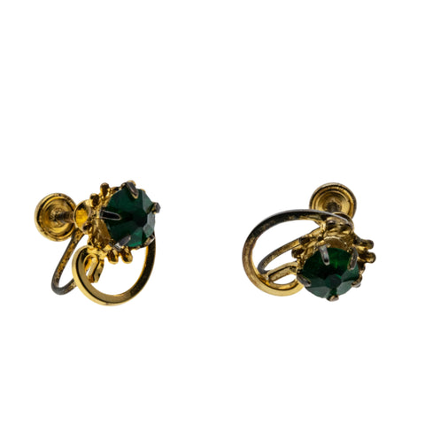 Greener Than Green - Vintage Signed 'TITAN STERLING' Gold Plate Over Sterling Silver Emerald Green Crystal Rhinestone Screw-Back Earrings (VE468)
