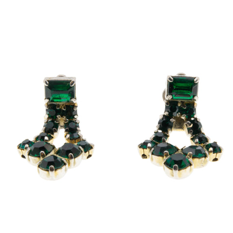 Red Carpet Ready - Vintage Gold Plated Emerald Green Crystal Rhinestone  Clip-On Dangly Earrings (VE469)