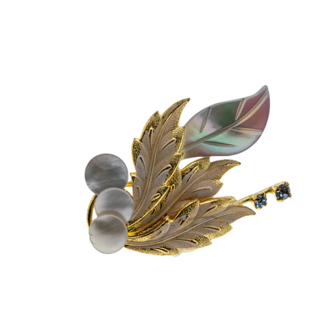 Sea & Earth - Vintage Gold Plated Mother Of Pearl Crystal Rhinestone Leaf Brooch (VBR302)