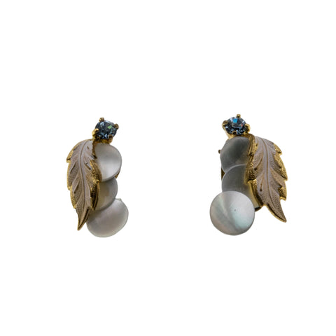 Sea & Earth - Vintage Gold Plated Mother Of Pearl Crystal Rhinestone Leaf  Clip-On Earrings (VE470)