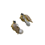 Sea & Earth - Vintage Gold Plated Mother Of Pearl Crystal Rhinestone Leaf  Clip-On Earrings (VE470)